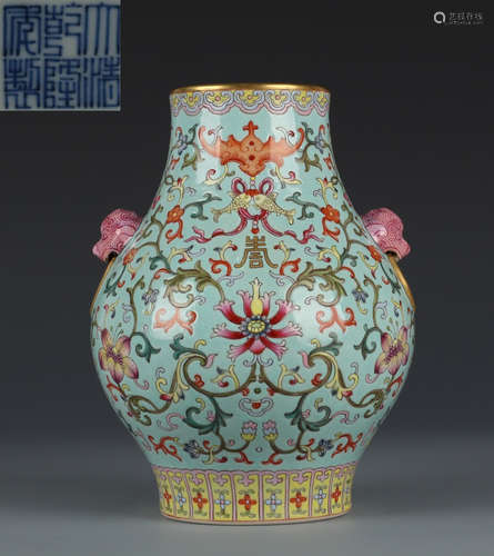 QIANLONG MARK TURQUOISE GLAZE AUSPICIOUS VASE