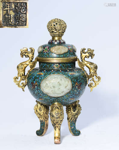 QIANLONG MARK CLOISONNE WITH JADE CENSER