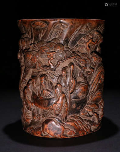 CHENXIANG WOOD CARVED FIGURE STORY BRUSH POT