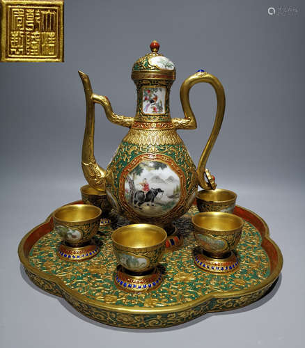 SET OF QIANLONG MARK GOLD ENAMELED GLAZE POT&CUPS