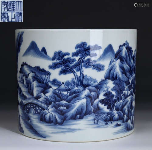 YONGZHENG MARK BLUE&WHITE LANDSCAPE BRUSH POT