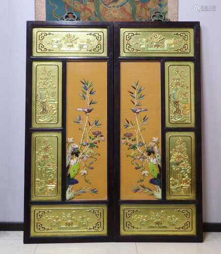 PAIR OF LACQUER WITH GEM BIRD PATTERN SCREENS