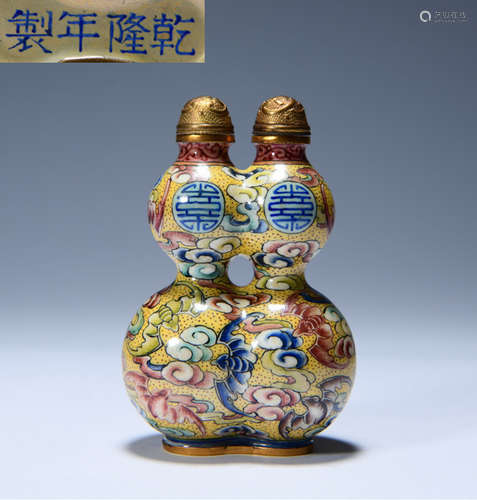 COPPER ENAMELED AUSPICIOUS DOUBLE JOINTED SNUFF BOTTLE