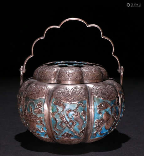 SILVER CARVED ENAMELING BLUE LIFTING BOX