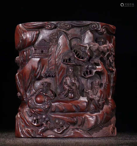 CHENXIANG WOOD FIGURE STORY BRUSH POT