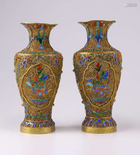 PAIR OF SILVER ENAMELING BLUE VASES