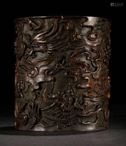 BAMBOO CARVED DRAGON PATTERN BRUSH POT