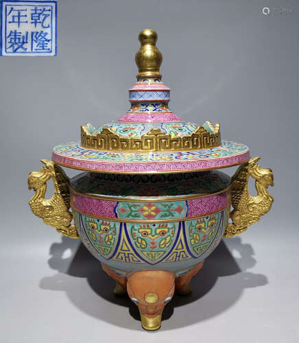 QIANLONG MARK TURQUOISE GLAZE TRIPOD CENSER