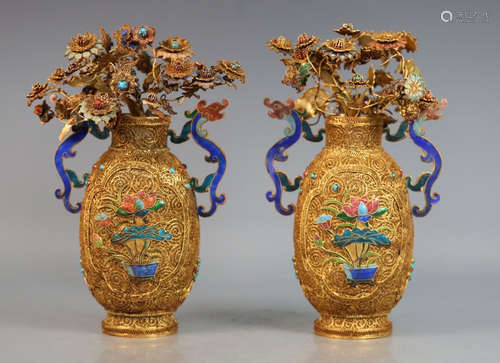 PAIR OF GILT SILVER FILIGREE VASES