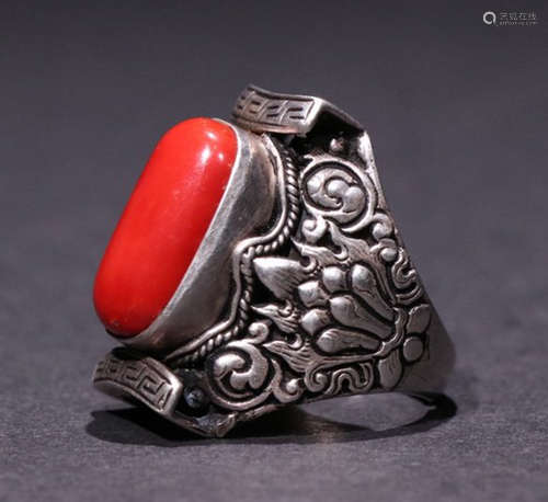 SILVER CARVED WITH RED CORAL RING