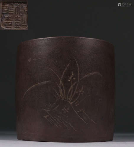 ZISHA CARVED POETRY PATTERN BRUSH POT