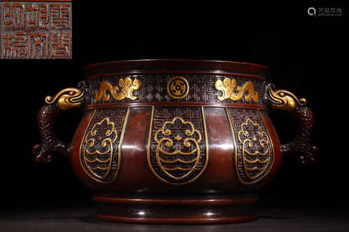 HU WENMING MARK GILT BRONZE CENSER