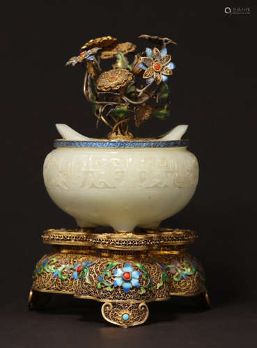 HETIAN JADE GILT SILVER ENAMELING BLUE BONSAI