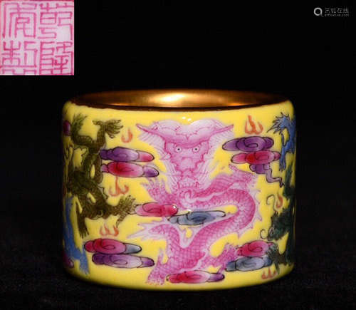 QIANLONG MARK ENAMELED DRAGON WITH GILT RING