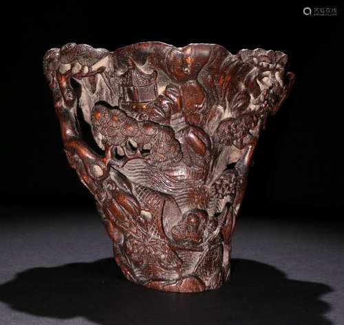 CHENXIANG WOOD CARVED LANDSCAPE PATTERN JUE CUP