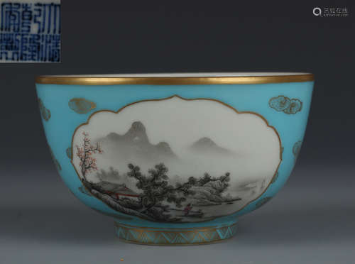 QIANLONG MARK BLUE MOCAI GLAZE LANDSCAPE BOWL