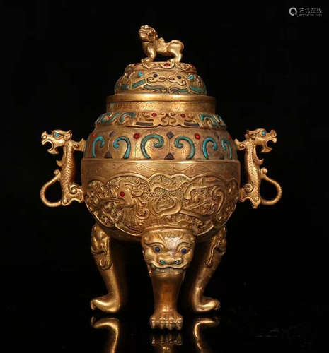 GILT BRONZE WITH GEM TRIPOD CENSER