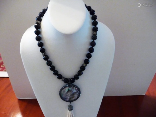 SEMI PRECIOUS BLACK DRUZY BEADED NECKLACE W/ ENHANSER