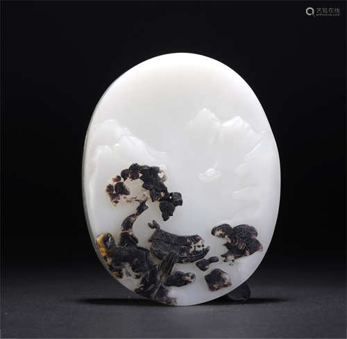 A Carved White Jade Landscape Pendant