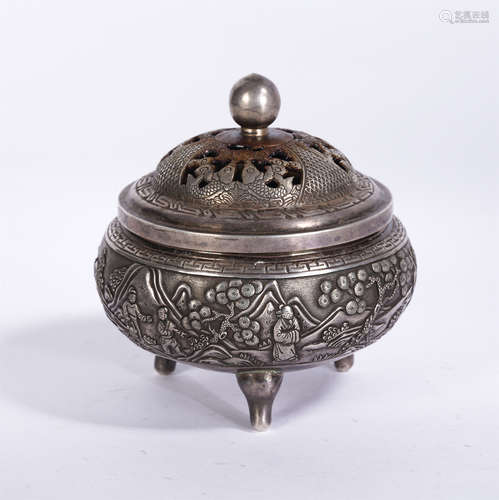 A Silver Figure among Landscape Tripod Censer