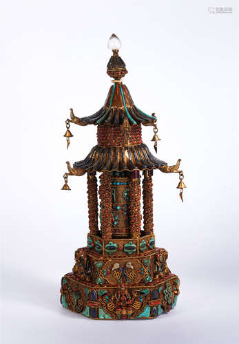 A Rare Hard-stones Inlaid Gilt-Silver Oriental Pagoda