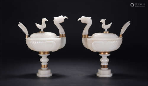 Pair Carved White Jade Phoenix Containers