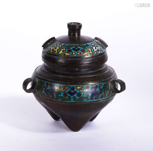 A Champleve Enamel Tripod Censer