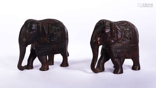 Pair Carved Rosewood Elephants