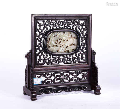 A Reticulated White Jade Inlaid Rosewood Table Screen