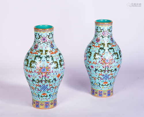 Pair Famille Rose Lotus Scrolls Vases