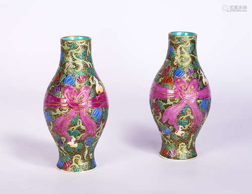 Pair Famille Rose Mellons Vases