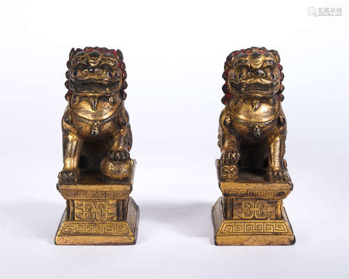 Pair Gilt-bronze Seated Fo Dogs