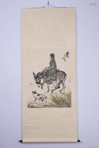 A Chinese Painting Hand-scroll of Girl on Donkey