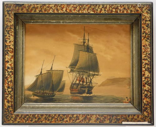 19C Impressionist Maritime Ship WC Painting