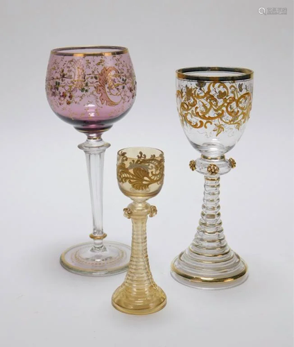 3PC Moser Enameled Flower Wine Glasses