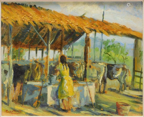 Impressionist Milkmaid with Cows Painting