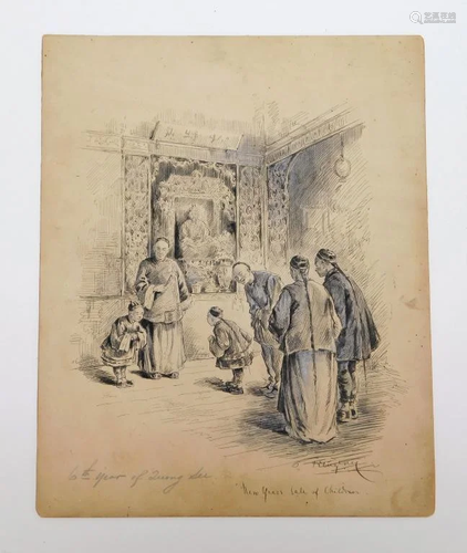 European Chinese Court Scene Ink Drawing