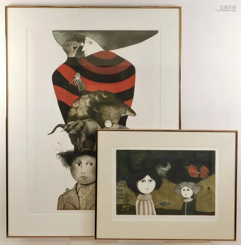 2PC Leticia Tarrago Surrealist Aquatints