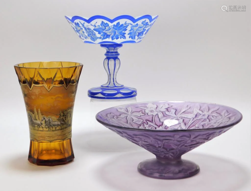 3PC Moser & Bohemian Art Glass Table Articles
