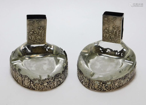 PR German Etched Glass & Silver Cigar Ashtray