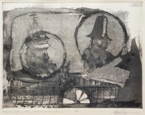 1975 Surrealist Ship & Captain Etching