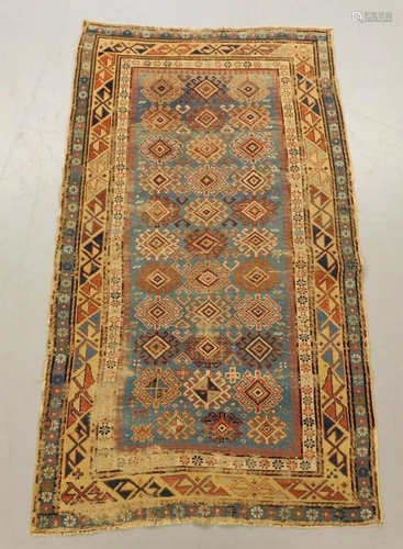 Antique Caucasian Light Blue Geometric Carpet