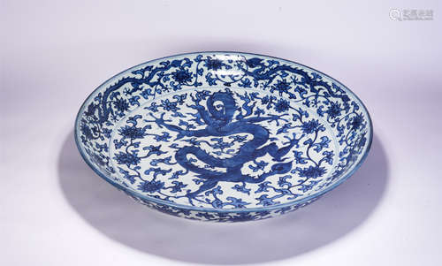 A Blue and White Dragon Plate