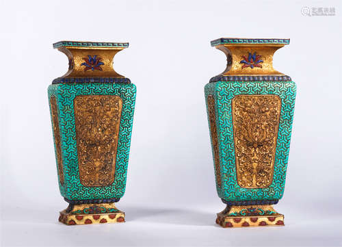 Pair Hard-stones Inlaid Gilt-bronze Vases