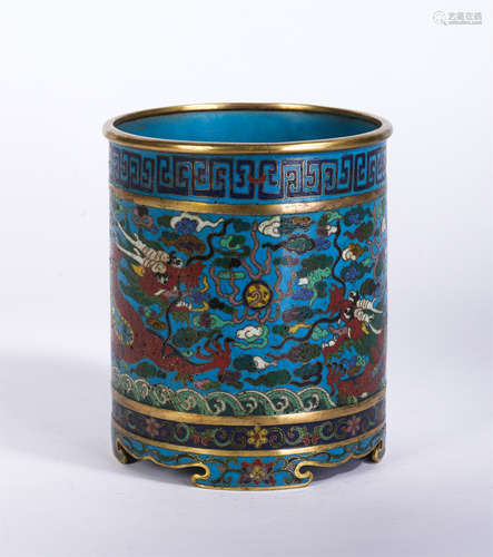 A Cloisonne Enamel Dragon Chasing Burning Pearl Brushpot