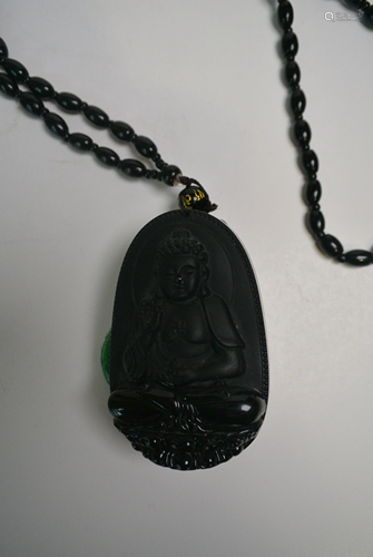 Jade Smoky quartz carving Lotus Guanyin pendant