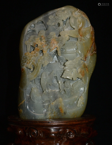 Jade Chinese Hetian Nephrite Boulder with Scholar Scene