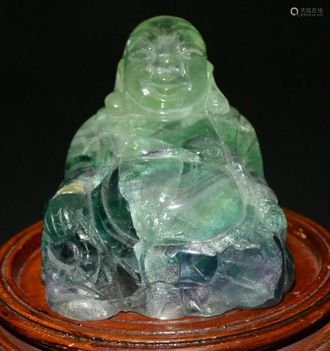 CHINESE CARVED FLUORITE MAITREYA ORNAMENT W BEAST