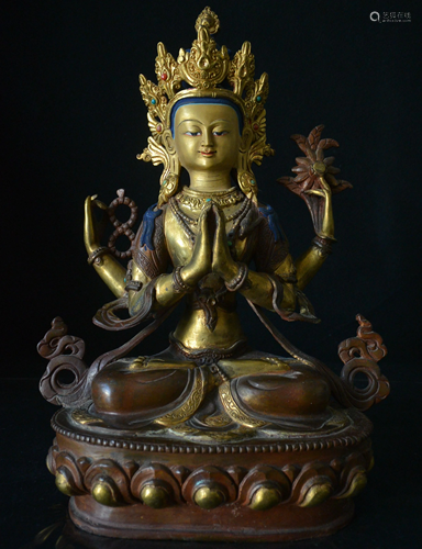 Chinese Gilt Bronze Statue of Four-armed Guanyin