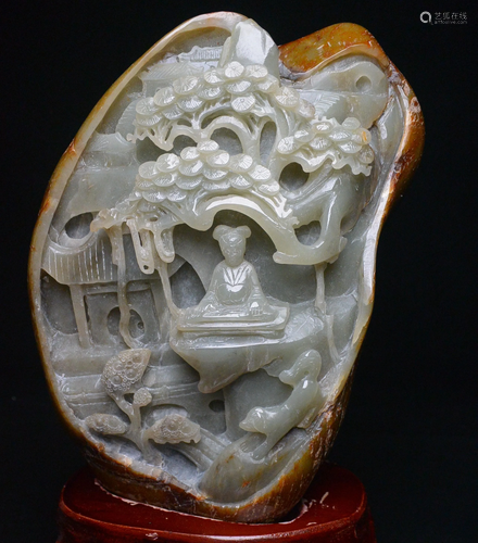 Chinese Hetian JadeNephrite Boulder with Scholar